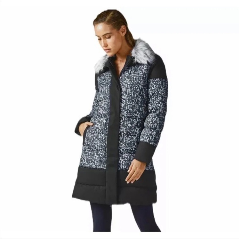 Fabletics puffer womens jacket black with fur trim gray long coat size large